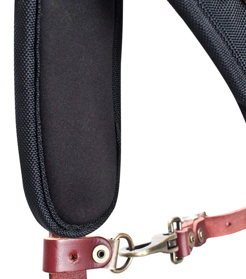 Close-up of neoprene padded yoke and leather loop of Padded Yoke Leather Suspenders for Pros, Heavy Duty Top Grain Leather, 1680D Nylon
