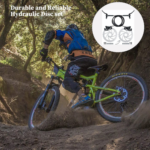 RUJOI MTB hydraulic disc brake set mounted on green mountain bike; side view showing 160mm rotors and calipers