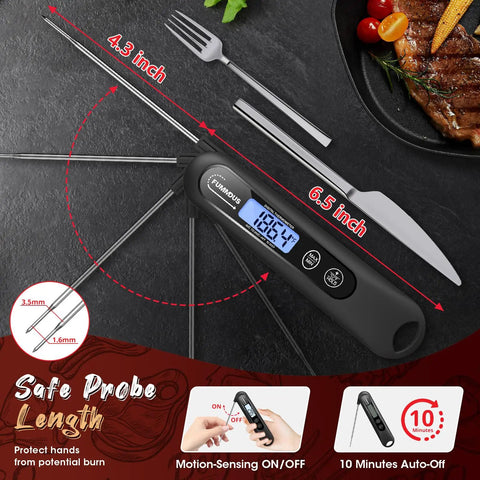 Digital Meat Thermometer Instant Read In 3 Seconds With Backlit Display, foldable probe, and magnetic mount next to BBQ utensils.