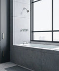 Modern bathroom with Three Handle Tub And Shower Set In Chrome With Canopy Handles including shower head, arm, and flange, 1/2 inch IP union inlets.