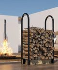 Heavy Duty Firewood Log Rack Kit With Adjustable Bracket For Indoor Or Outdoor Use, Black Powder Coated Steel, Full of Logs