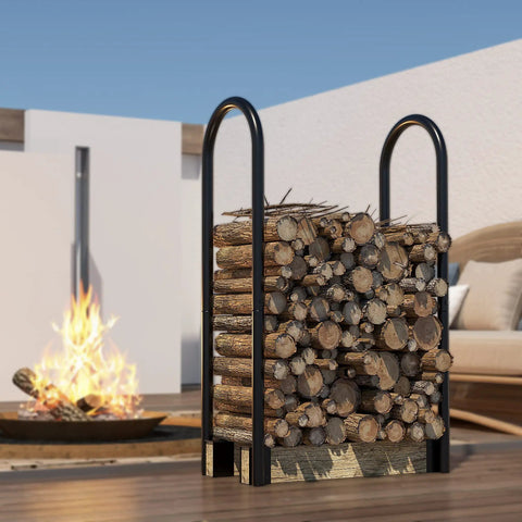 Heavy Duty Firewood Log Rack Kit With Adjustable Bracket For Indoor Or Outdoor Use, Black Powder Coated Steel, Full of Logs