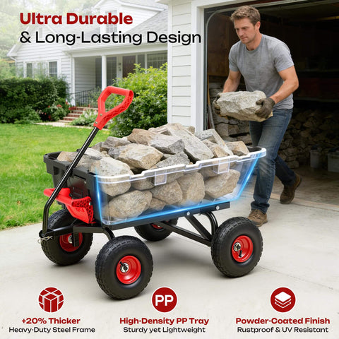 Heavy Duty Garden Dump Cart For Yard Farm And Garden Hauling With 900 Lb Capacity And 10 Inch Non Slip Pneumatic Tires Quick Release System Four Wheel Steel Frame Wagon For Easy Transport And Heavy Load Hauling.