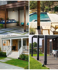 Collage of outdoor structures showcasing installed Beefy 4x4 Post Base Brackets Set of 4 Inner 3.6 x 3.6 Inch Post Anchors