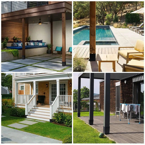Collage of outdoor structures showcasing installed Beefy 4x4 Post Base Brackets Set of 4 Inner 3.6 x 3.6 Inch Post Anchors