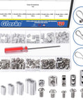 Beefy Heavy Duty Stainless Steel Wire Rope Clip Clamp Kit With Aluminum Crimping Loop Sleeves 121 Pieces displayed in a box.