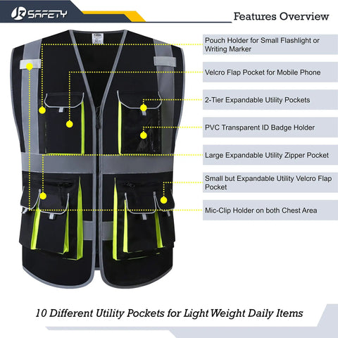 Ten Pocket High Visibility Safety Vest With Zipper Front Black Reflective Strips Breathable Polyester Lightweight Machine Washable Meets ANSI ISEA Standards Ideal For Construction Outdoors, showing various pockets for utility items.