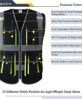 Two Pack Hi Vis Mesh Safety Vest With 10 Pockets And Zipper For Men And Women Fluorescent Neon Color ANSI ISEA Class 2 High Visibility Reflective Vest All Day Comfort, black mesh with yellow accents, front view with pocket features labeled.