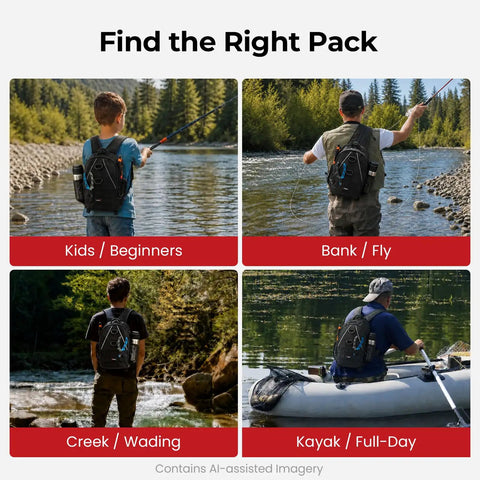 Four anglers using Gear Up Fishing Backpack With Rod Holder And Lightweight Sling Design in various fishing environments.