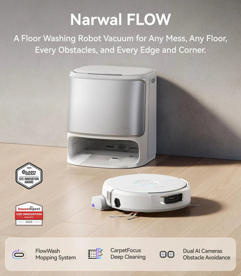 Flow Robot Vacuum And Mop Combo With Real Time Self Cleaning Track Mop 22,000 Pa Suction Dual Camera AI Obstacle Avoidance device