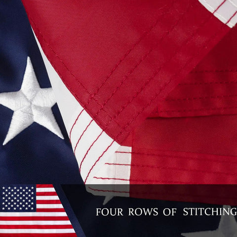 American Flag 3x5ft Heavy Duty Outdoor Nylon Flag with embroidered stars, four rows of stitching, and brass grommets detail view.
