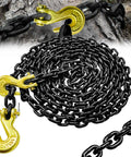 G80 Transport Binder Chain One Quarter Inch Fourteen Feet With Clevis Grab Hooks Heavy Duty Tow Chain coiled on surface