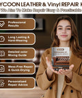 Woman holding Leather And Vinyl Repair Kit For Furniture Car Seats Couch And Purse Pro Grade Quick Dry Formula With Easy Color Matching.