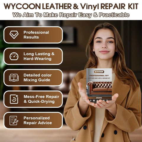 Woman holding Leather And Vinyl Repair Kit For Furniture Car Seats Couch And Purse Pro Grade Quick Dry Formula With Easy Color Matching.