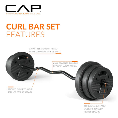 Threaded EZ Curl Bar Set With 50 Lb Cement Grip Plates And Collars For Strength Training And Home Gym Workouts Durable Cement Filled Plates