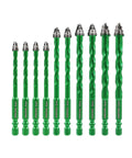 Front view of KURSTOL 10‑pc serrated masonry drill bit set; green carbide bits for concrete, sizes 1/4–1/2 in