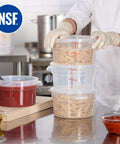 Chef handling 2 Quart Translucent Round Food Storage Containers With Lids Pack Of 4 Nonstick BPA Free NSF Listed Commercial Grade