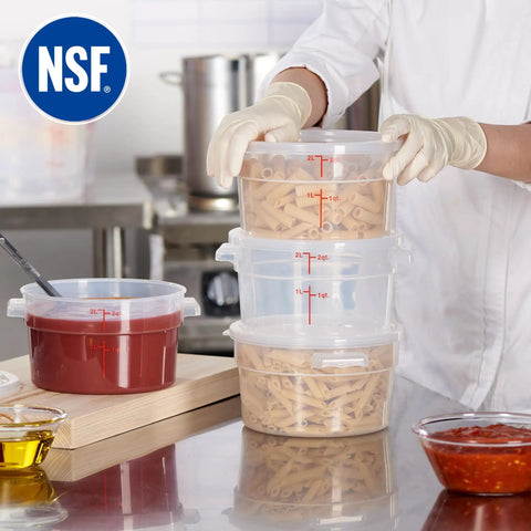 Chef handling 2 Quart Translucent Round Food Storage Containers With Lids Pack Of 4 Nonstick BPA Free NSF Listed Commercial Grade