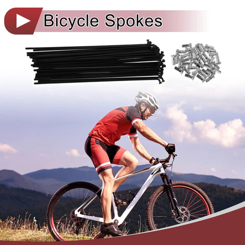 Cyclist with a mountain bike and 36 Pack 12 Gauge Bicycle Spokes 183mm Black 45 Steel Replacement Spokes for Wheel Rims
