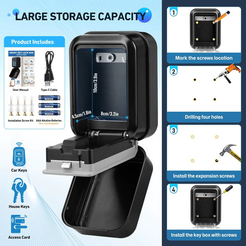 Rock Solid Smart Key Lock Box With Bluetooth Access and Hassle Free Pin Entry, large storage for keys, wall-mounted.