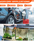 Portable battery-operated siphon pump with red housing and hose for transferring fuel from a car and water from a tank.