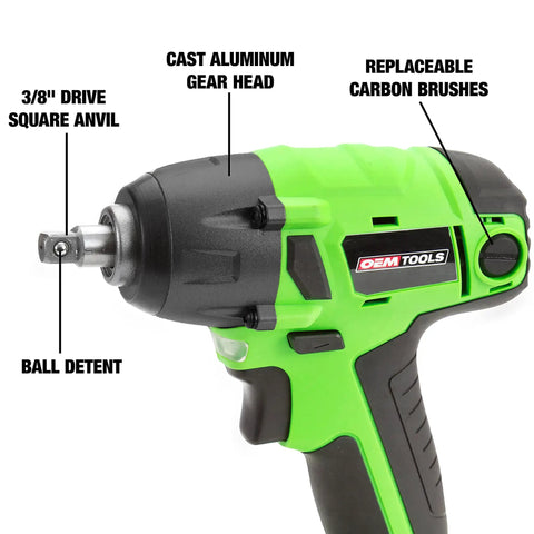 Three Eighth Inch Cordless Impact Wrench With 20V Battery, showing 3/8 inch drive anvil and cast aluminum gear head