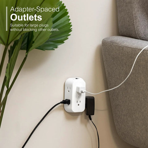 Two Pack Six Outlet Wall Tap Extender With Grounded 3 Prong Outlets Resettable Circuit Breaker Space Saving Side Access Sockets For Tight Spaces Fits Bulky Adapters And Standard Plugs UL Listed White