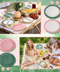 48 Pack Camp Gingham Paper Plates 10 By 12 Inches Large Picnic Style Plaid Plates displayed at a picnic in two colors