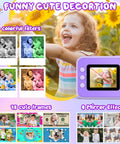 Kid Camera With Instant Print And Fun Features For Kids, 2.4 Inch LCD Screen, 10x Digital Zoom, Flashlight, Time Lapse, Burst Shooting, DIY Frames, 21 Cute Frames, 8 Mirror Effects, 6 Filters, MP3 Player, Great Christmas And Birthday Gift showing purple camera and filter options