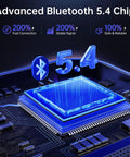 Advanced Bluetooth 5.4 chip with digital graphics showing fast connection and stable signal for wireless audio.