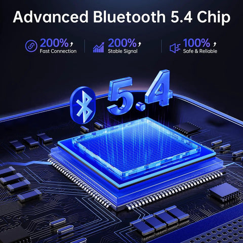 Advanced Bluetooth 5.4 chip with digital graphics showing fast connection and stable signal for wireless audio.