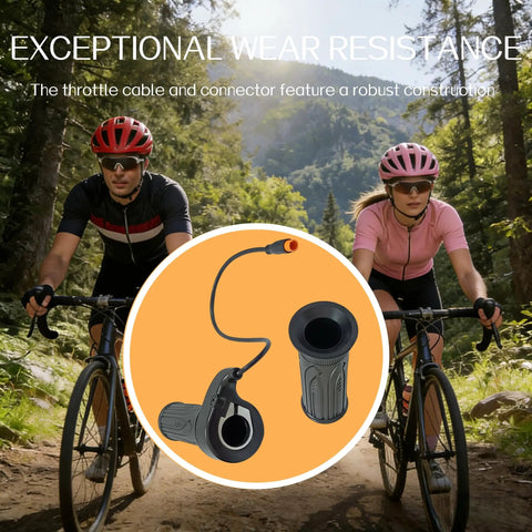 Two cyclists with inset of 20X Full Twist Throttle Grip For Ebikes And Electric Scooters, 12V-72V Compatible, 3-Pin Waterproof Connector