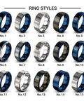 Various styles of Slick Cartesian Grid Design Dope Blue Plated Tungsten Carbide Wedding Ring, size 8.5, showcasing durability.