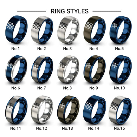 Various styles of Slick Cartesian Grid Design Dope Blue Plated Tungsten Carbide Wedding Ring, size 8.5, showcasing durability.