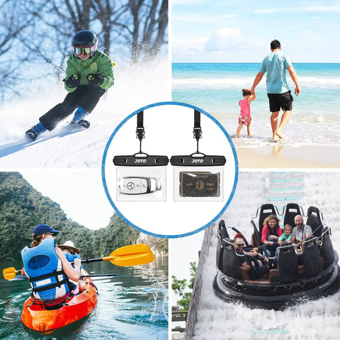 Collage of outdoor activities with 2 Pack Waterproof Car Key Fob Case With Lanyard For Swimming And Surfing, IPX8 dry bags highlighted.