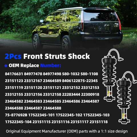 2 Pcs Front Struts Absorber Assembly With Magnetic Spring For Cadillac Escalade ESV Suburban Tahoe GMC Yukon 1500 2015 2020 Front Shock Replacement Premium Quality beside black SUV