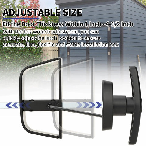 Lock It Down Shed Door Lock Latch 2 Pack adjustable latch fitting doors from 1 inch to 4-1/2 inches thick for secure installation.