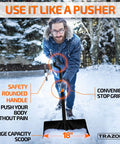 Person using Heavy Duty Snow Shovel With Ergonomic Handle To Beat Back Pain For Driveways Garages And Cars 18 Inch Blade
