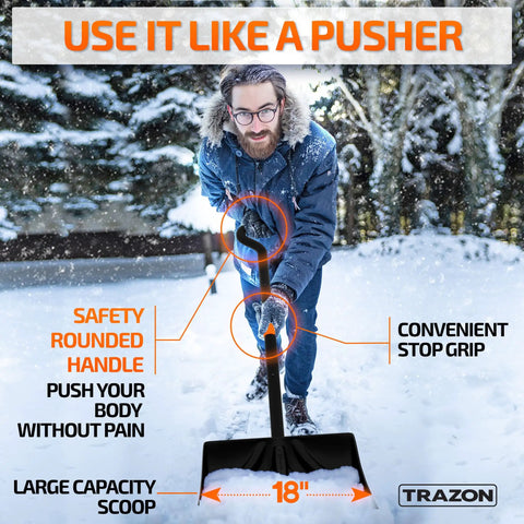 Person using Heavy Duty Snow Shovel With Ergonomic Handle To Beat Back Pain For Driveways Garages And Cars 18 Inch Blade