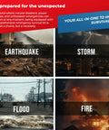 Family Ready All In One 2 Person Emergency Survival Kit For Hurricanes And Earthquakes With A 72 Hour Gear Backpack Disaster First Aid Supplies And More For Preparedness graphic showing earthquake, storm, flood, and fire scenarios.