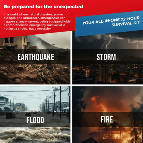 Family Ready All In One 2 Person Emergency Survival Kit For Hurricanes And Earthquakes With A 72 Hour Gear Backpack Disaster First Aid Supplies And More For Preparedness graphic showing earthquake, storm, flood, and fire scenarios.
