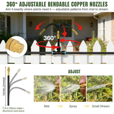 360° adjustable copper nozzles on 100 ft drip irrigation kit display mist, spray, small stream options for garden and greenhouse use