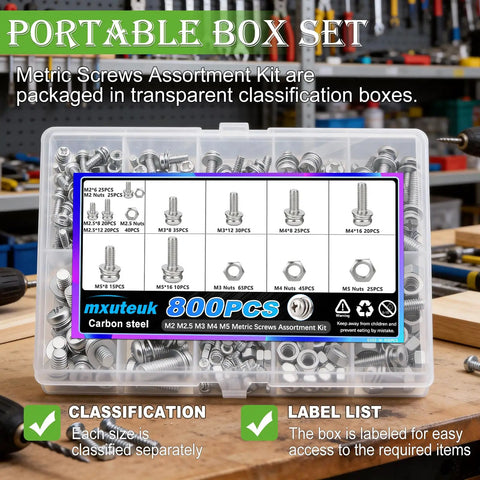Tough As Nails 800 Piece Metric Bolt And Nut Assortment Kit With M2 M3 M4 M5 Pan Head Machine Screws And Flat Washers in a clear storage box.