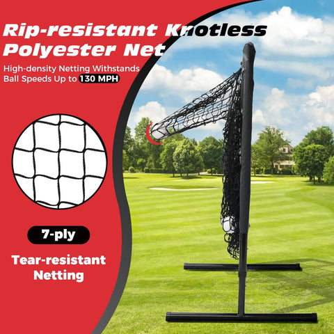 Side view of 9 Hole Pitching Net With Adjustable Height And 18 By 22 Strike Zone Baseball And Softball Practice Target with rip-resistant polyester netting.