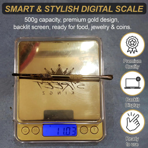 Portable Gold Digital Jewelry Scale 500g High Precision On The Go, Multi Unit Conversion For Grams Ounces Troy Ounces Pennyweight Carats Grains, Includes 2 Weighing Bowls, Piece Counting, Perfect For Jewelry, Food And Coins displaying weight