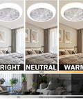 Bladeless 18 Inch Ceiling Fan With Lights Remote Control Flush Mount 3 Color Modes shown in bright, neutral, and warm settings