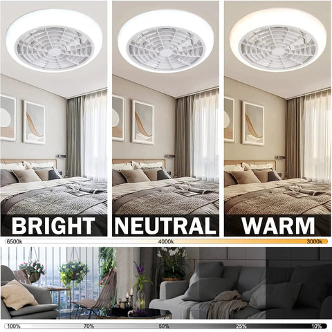 Bladeless 18 Inch Ceiling Fan With Lights Remote Control Flush Mount 3 Color Modes shown in bright, neutral, and warm settings