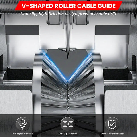 V-shaped roller guide on Dual Drive Wire Stripper Machine with Electric and Hand Crank for precise cable alignment.