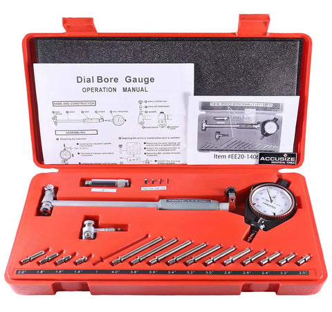 Dial Bore Gauge Set 1.4 To 6 Inch Range With Carbide Tipped Probes, Self Centering Heads, Bezel Lock For Zero, Chrome Handle, 0.0005 Inch Graduation, Durable Pro-Grade Hole Measurement Tool