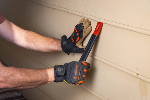 Hands using 13 Inch Flat Pry Bar With Beefy Grip For Demolition And Nail Removal, Precision Ground Ends For Clean Access